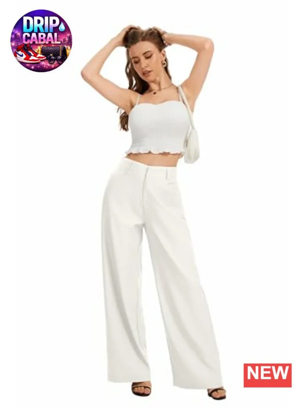 Wide Leg High Waist Work Pants Back Elastic Waistband with Pockets